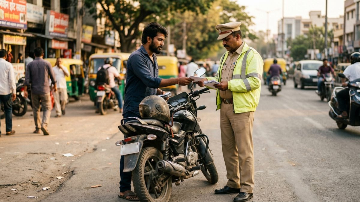 Traffic police officer checking two wheeler documents and insurance validity on an Indian road