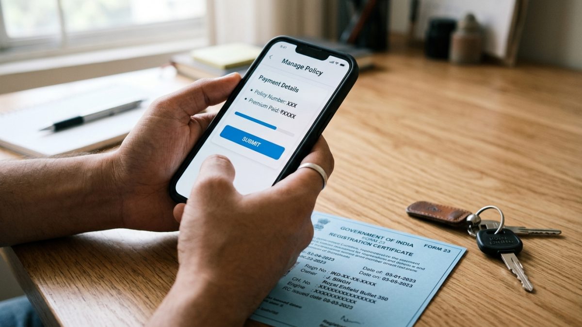 A person using a smartphone to renew bike insurance online with bike registration papers on the desk