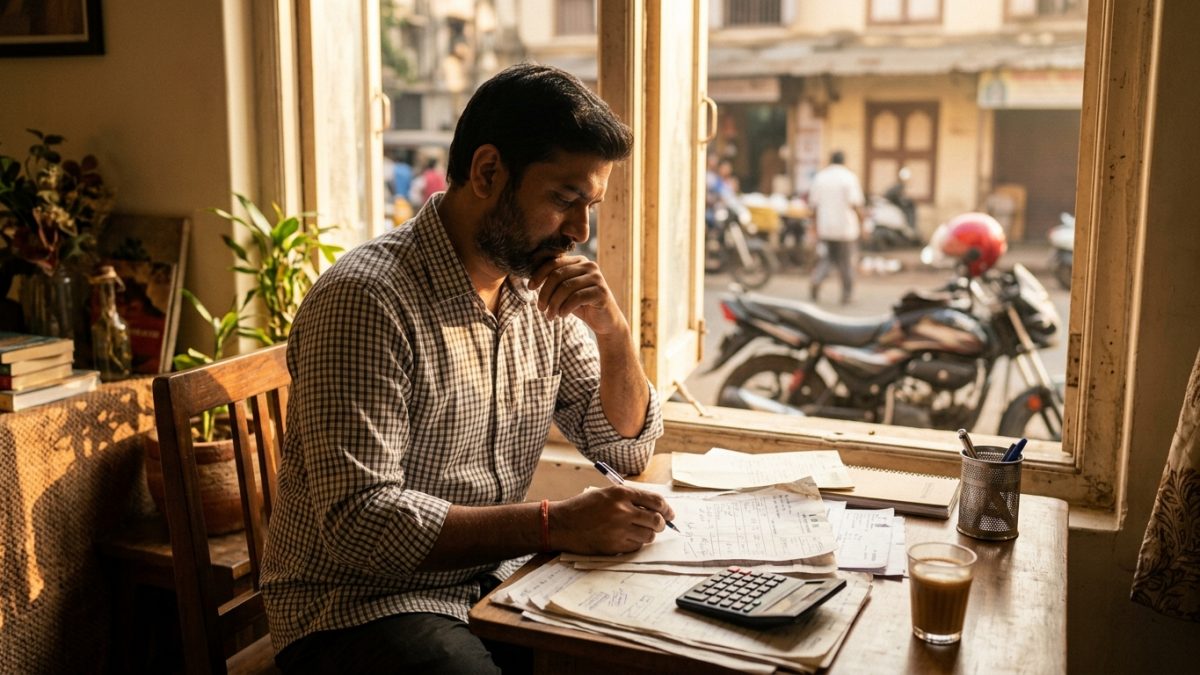 Two wheeler owner reviewing an insurance policy schedule and calculating discounts