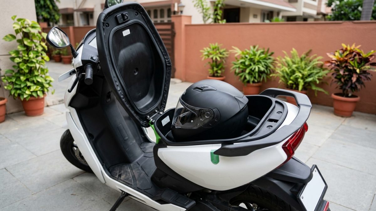 Spacious flat floorboard and large underseat storage of a family electric scooter