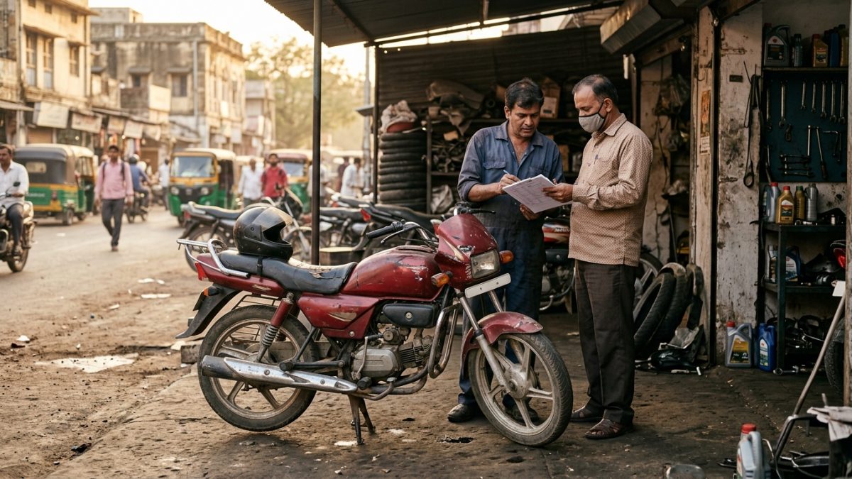 Damaged motorcycle inspected outside a network workshop for insurance survey