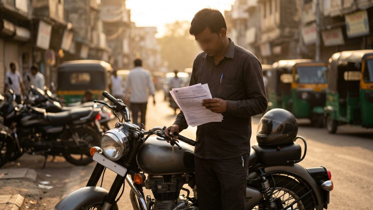 Arranged documents including RC smart card driving licence and bike insurance policy