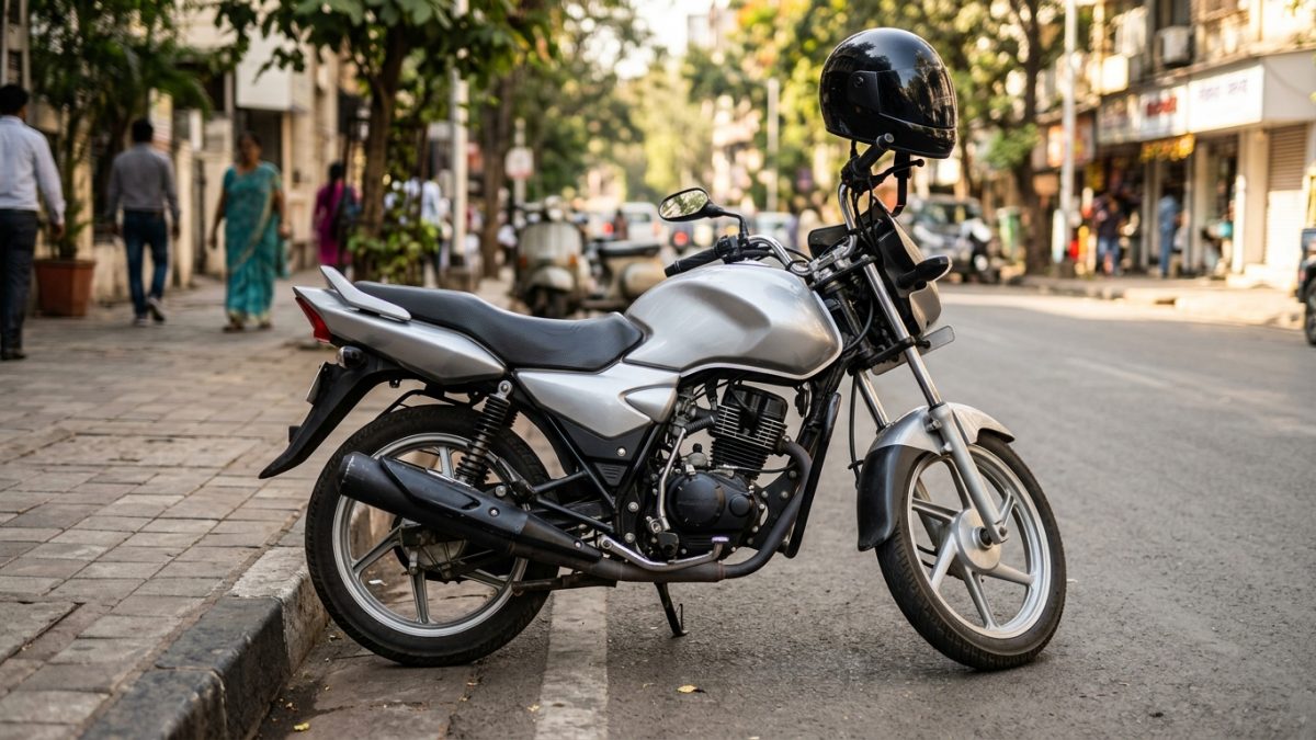 Indian commuter motorcycle parked on a clean roadside representing two wheeler insurance online purchase