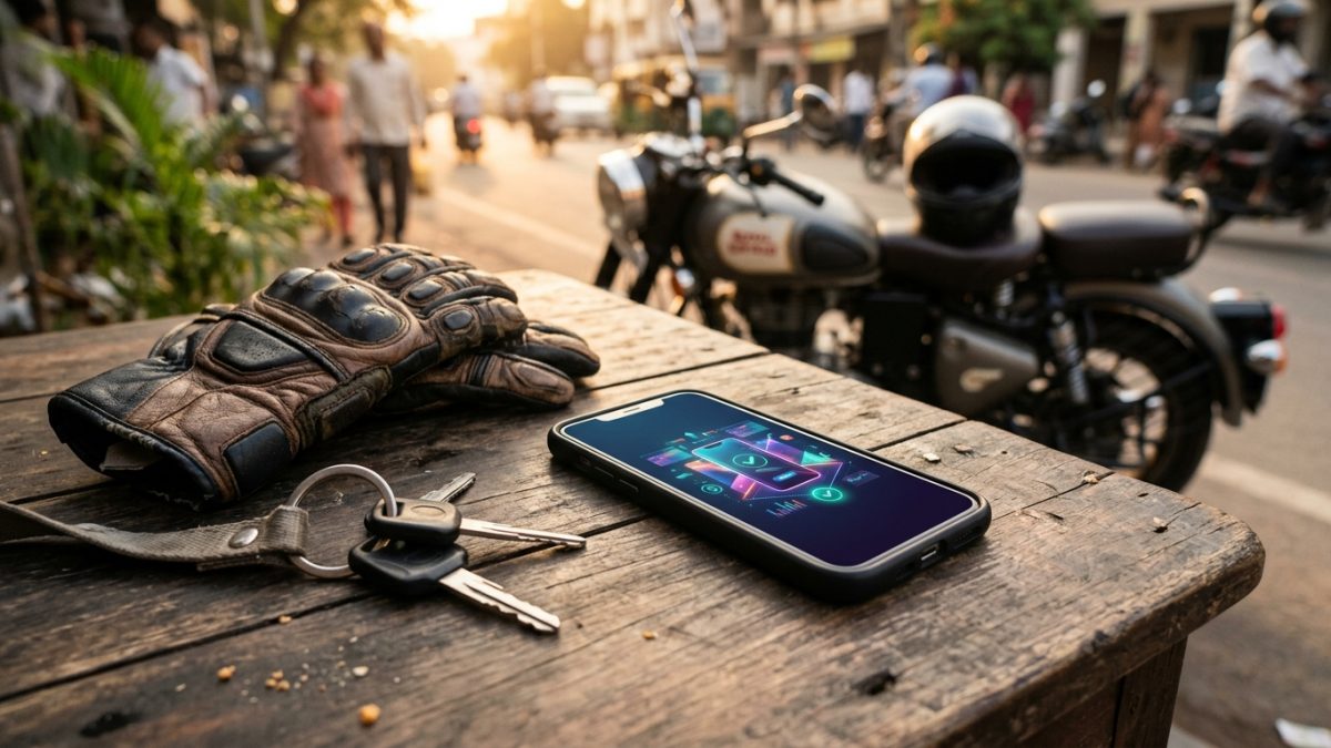 Smartphone resting beside motorcycle keys on a wooden table displaying a digital payment interface
