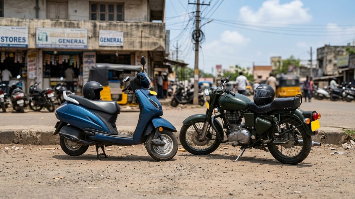A commuter scooter and a motorcycle parked side by side outside an office in India
