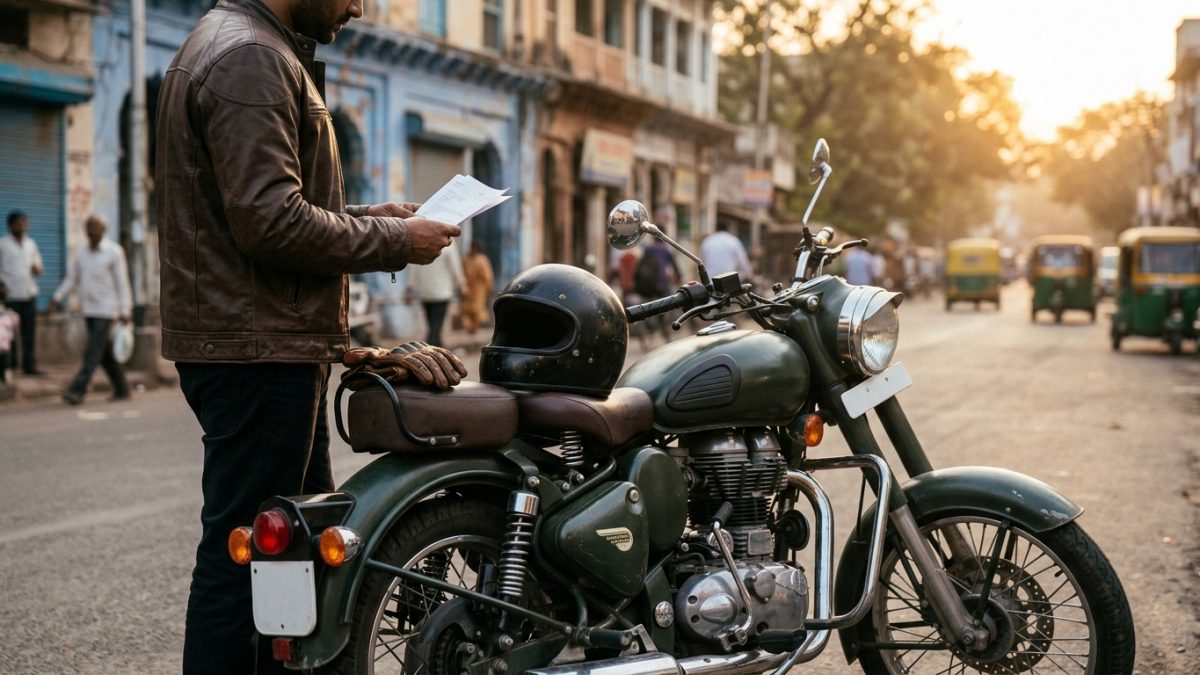 A smartphone resting near motorcycle keys and riding gloves on a wooden desk