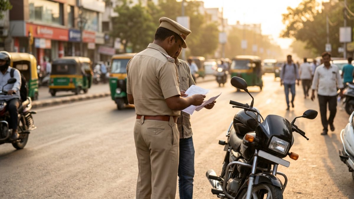 Traffic police officer checking vehicle documentation on an Indian city street