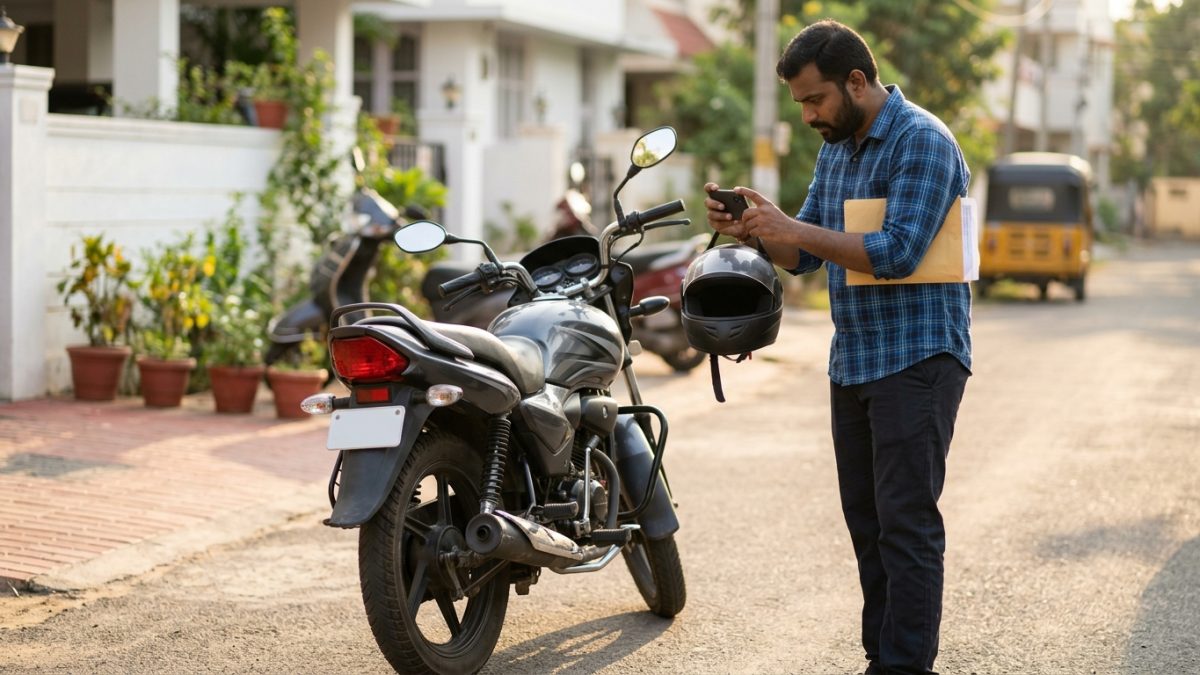 Rider taking smartphone photos of motorcycle for digital self-inspection insurance renewal