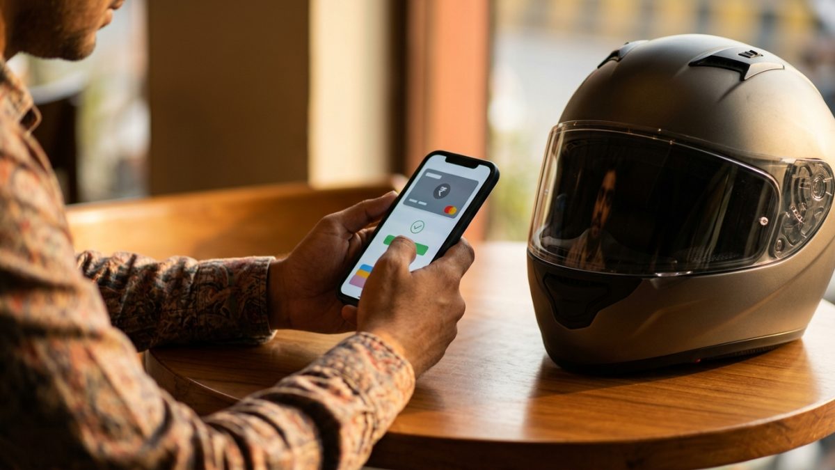 Person using a smartphone to complete online bike insurance renewal payment