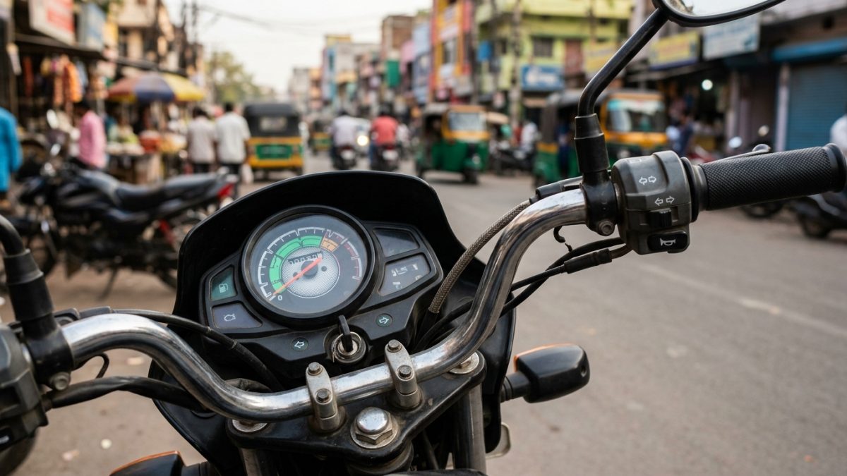 Rider checking motorcycle handlebar controls and speedometer for fuel efficient riding