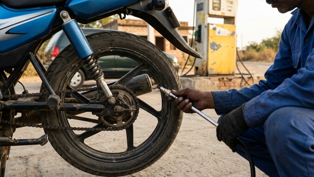 Checking two-wheeler tyre pressure with a digital gauge for optimal bike mileage tips