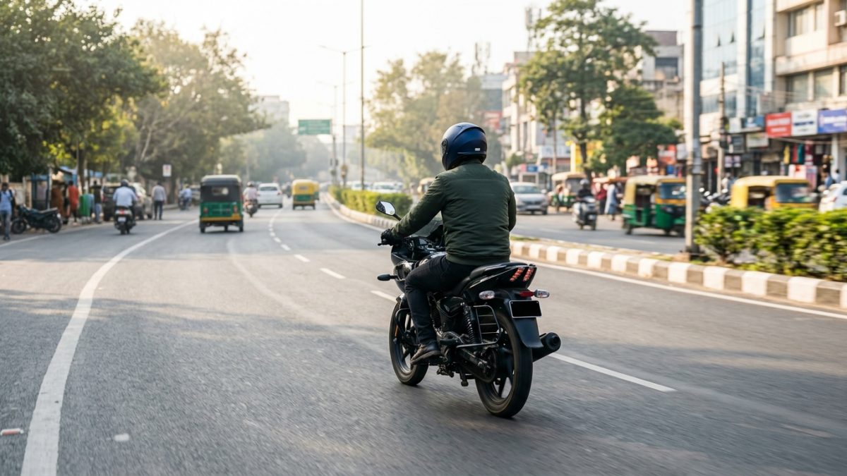 Motorcyclist riding steadily on an Indian city road at moderate speed to improve bike mileage