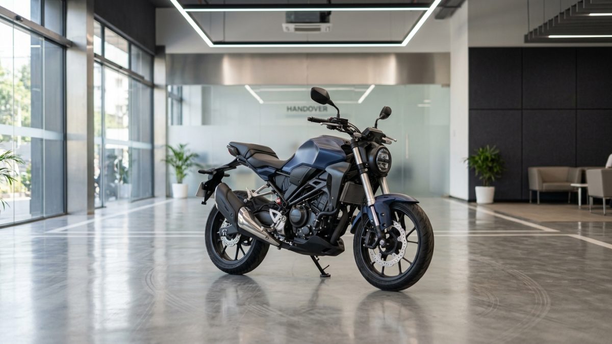 Motorcycle parked inside a clean delivery bay representing dealer handling charges bike rto rules
