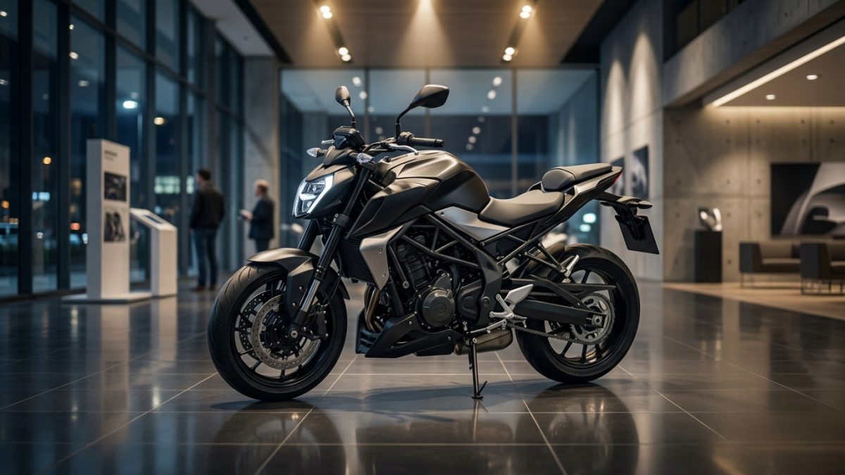 Motorcycle on showroom floor explaining difference between ex showroom and on road price