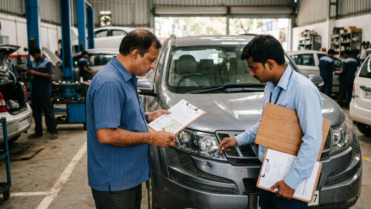 Vehicle owner cross-referencing renewed car insurance schedule with vehicle registration certificate