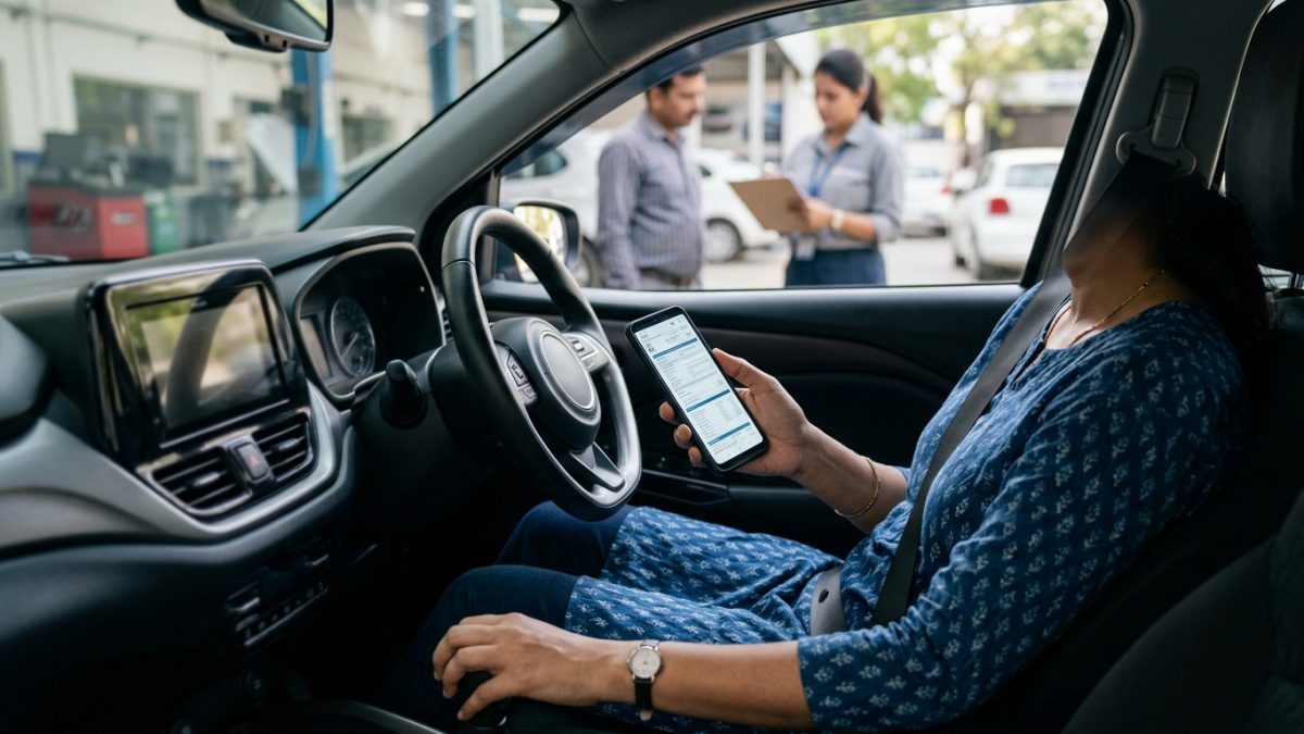 Driver holding a smartphone displaying vehicle compliance records