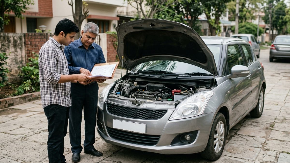 Two people reviewing vehicle paperwork during a pre-owned car purchase