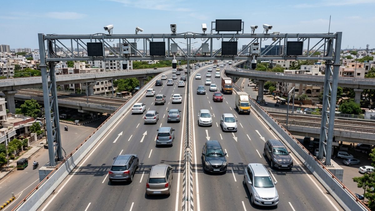 Traffic camera monitoring vehicle traffic on an Indian highway for insurance compliance