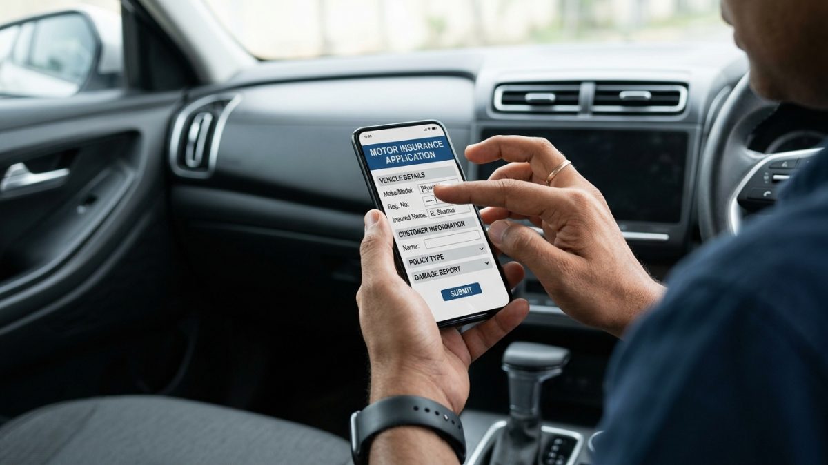 Car owner using a smartphone to complete an online car insurance renewal