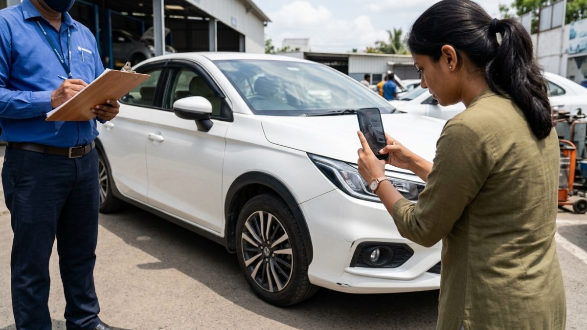 Recording a digital self-inspection video of an automobile in daylight