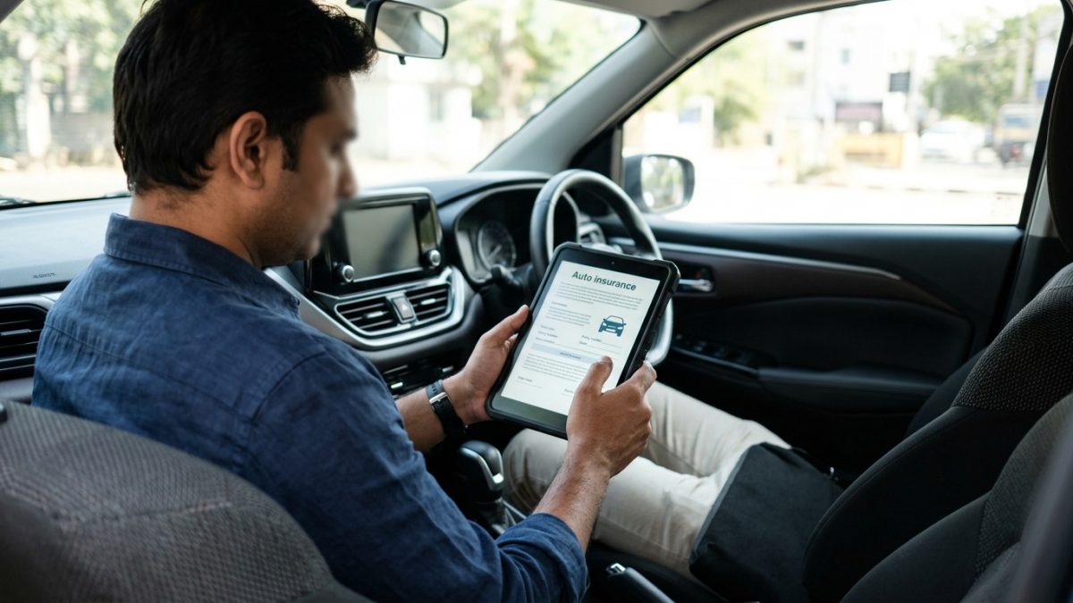 Car owner reviewing digital policy schedule on tablet during car insurance renewal