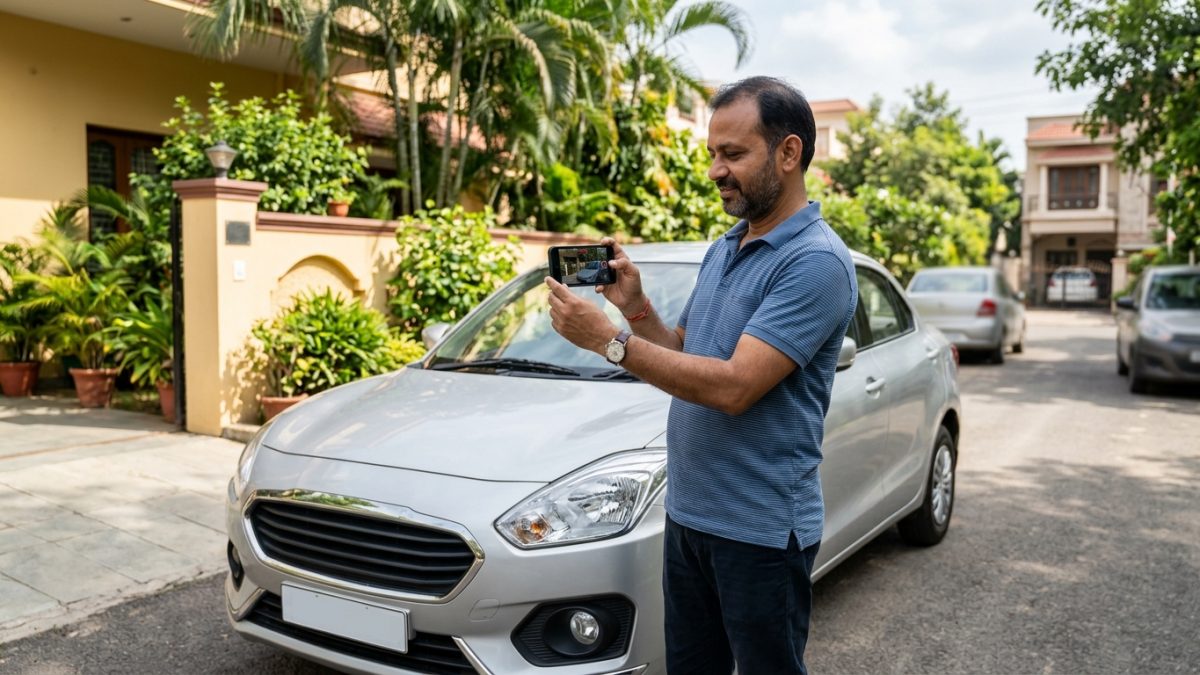 Motorist photographing front bumper and windshield for car insurance self inspection process