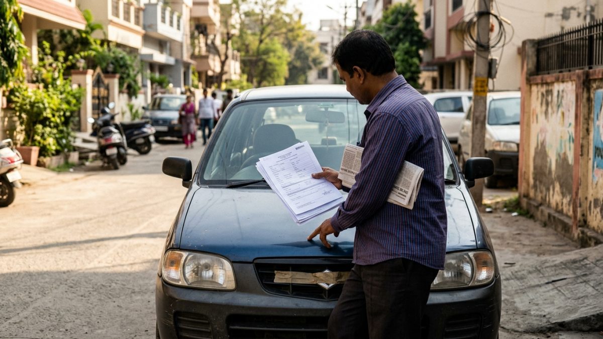 Driver reviewing insurance certificate documents and NCB slabs beside their car