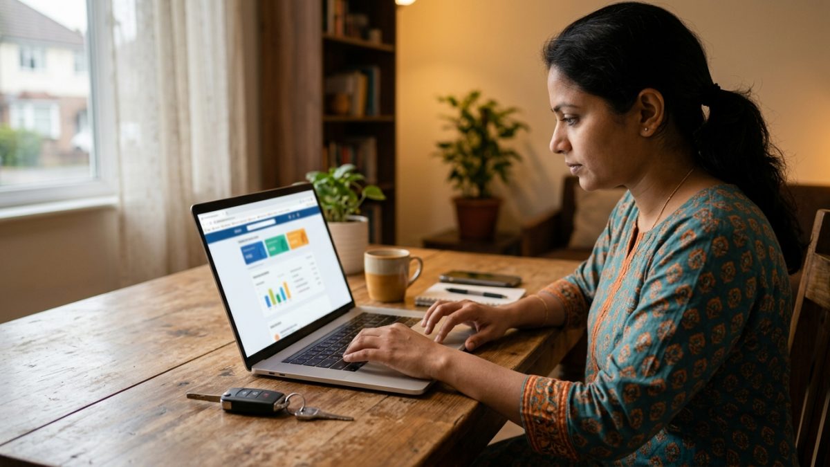 Checking vehicle insurance policy transfer online on a laptop