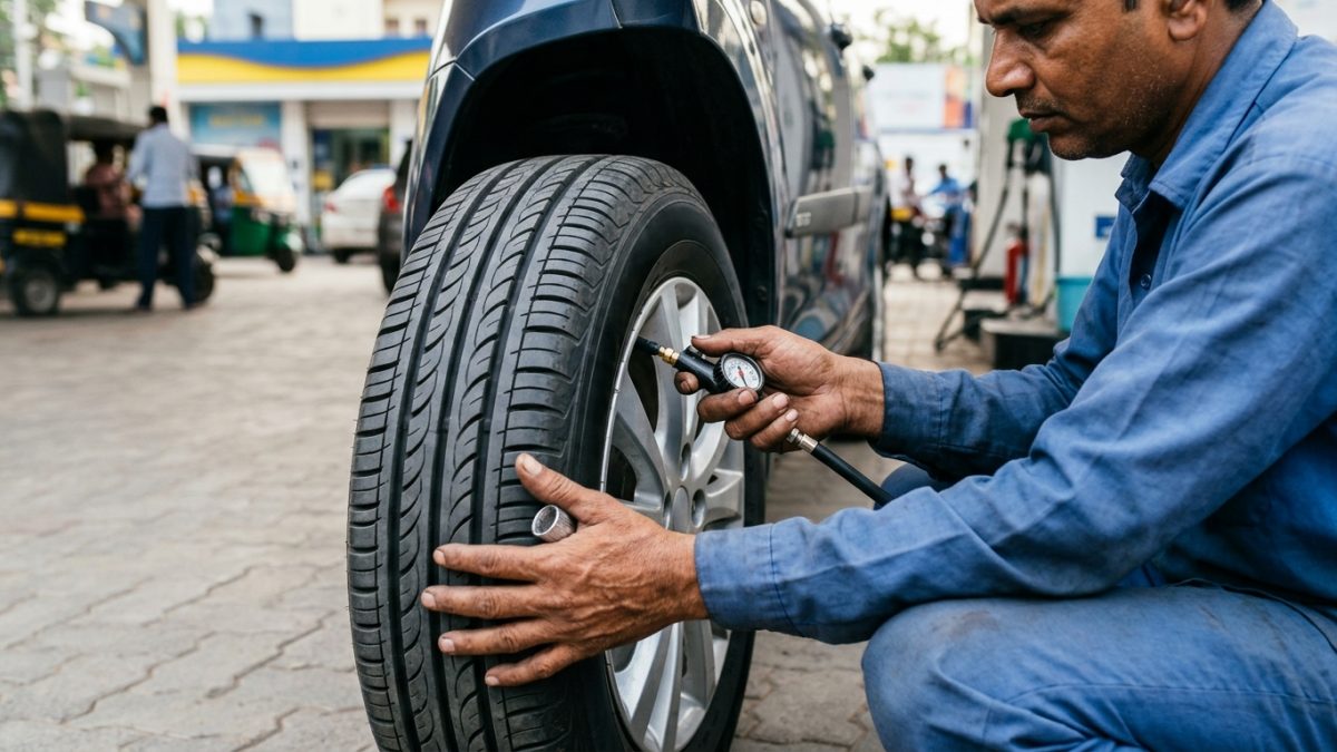 Checking cold tyre pressure using a digital pressure gauge on a car wheel