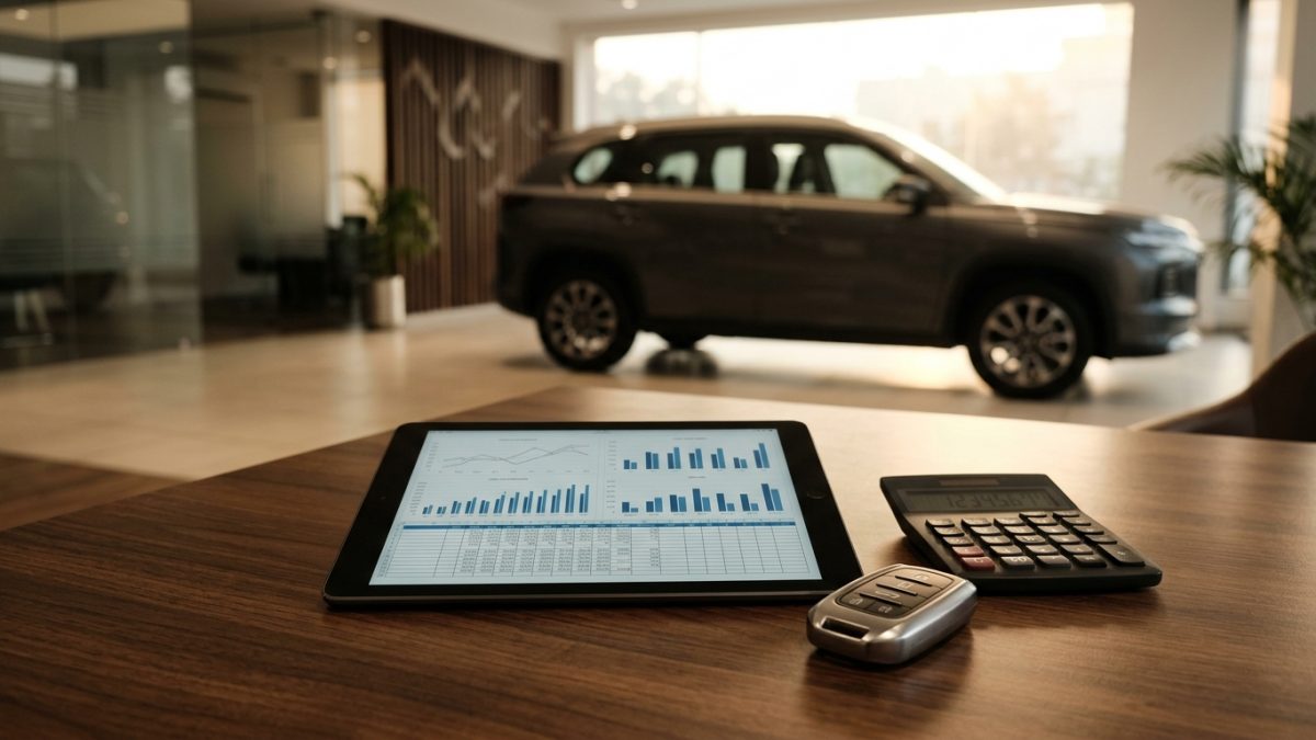 Digital tablet and calculator displaying car price calculation on desk
