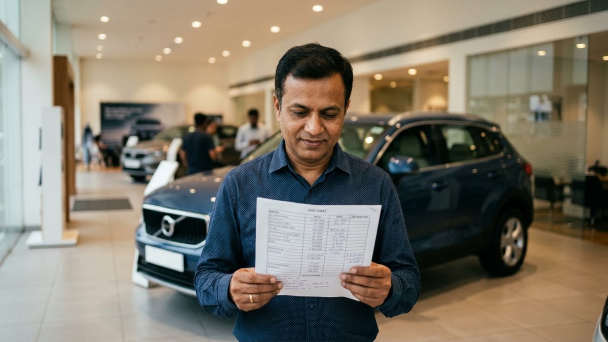 Indian car buyer reviewing price quotation invoice paperwork inside an automotive dealership