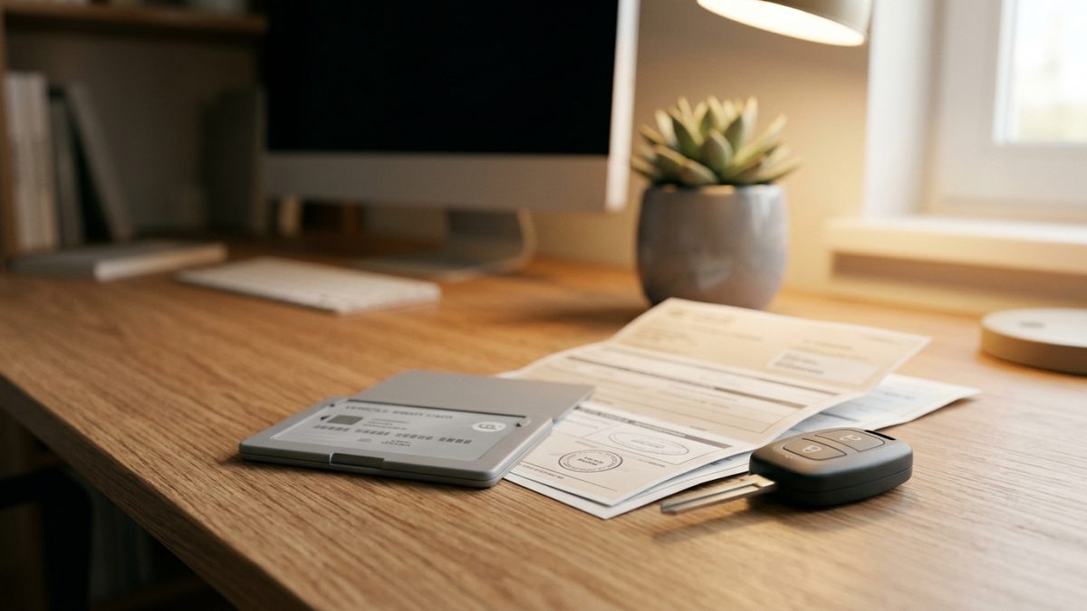 Official registration certificate and vehicle documentation on an office desk