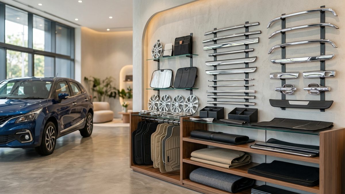 Car accessories display inside a vehicle showroom showing floor mats and exterior trims