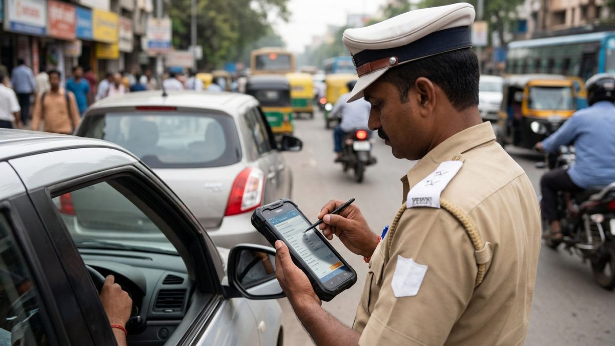 Driver checking pending challan car bike status on a smartphone screen inside a vehicle