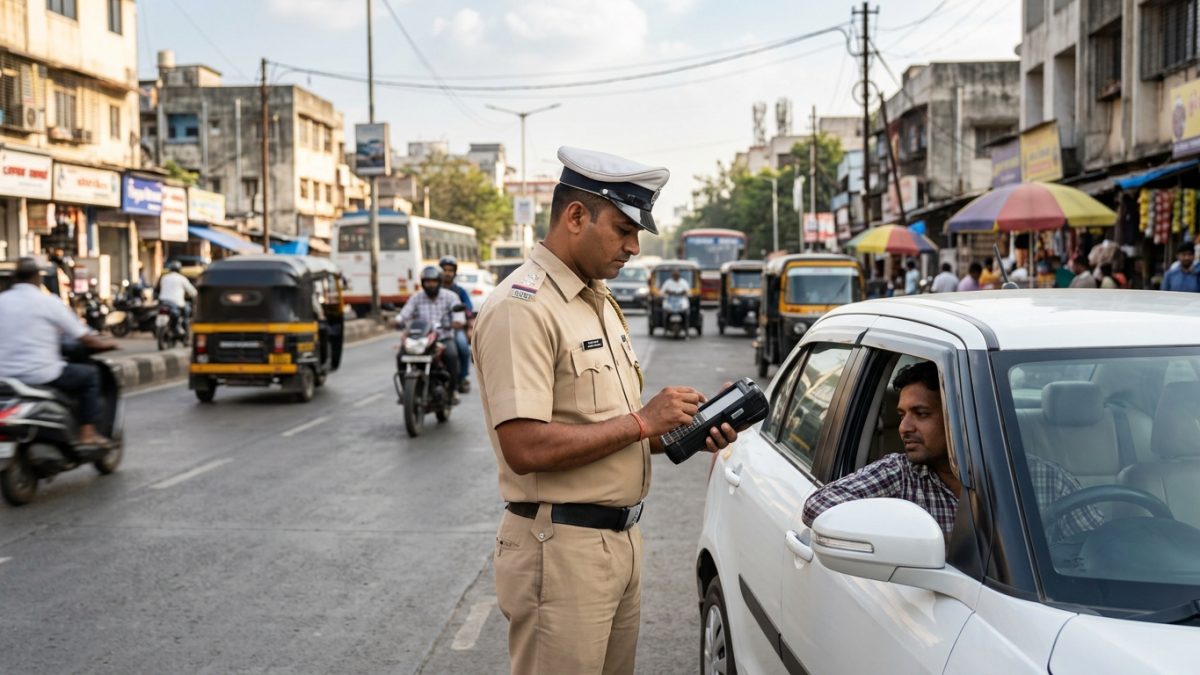 Laptop screen displaying the Parivahan e-challan portal with vehicle registration input fields