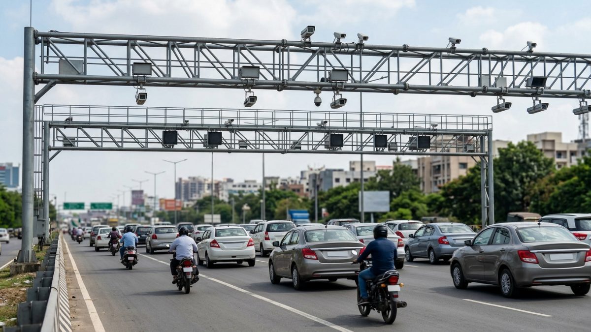 Modern city intersection with ANPR traffic surveillance cameras mounted on a gantry