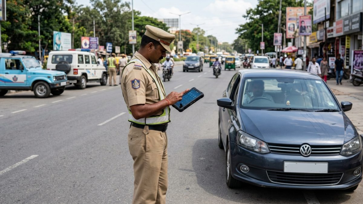 Traffic police roadside checkpoint verifying vehicle documents on a handheld terminal