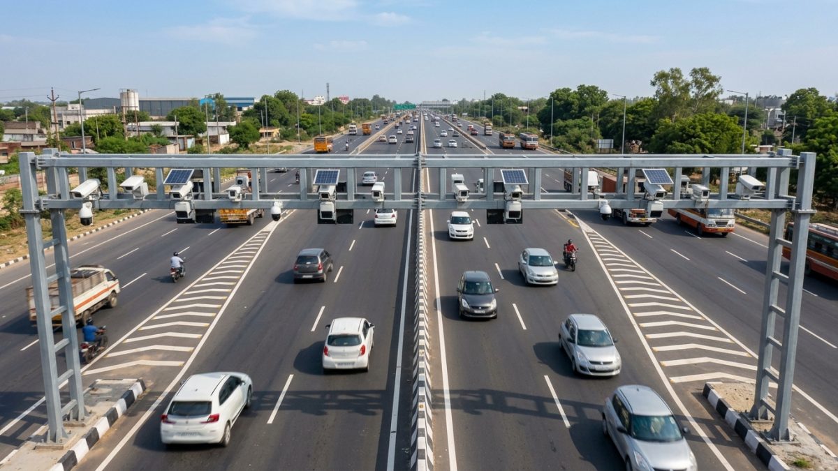 Overhead traffic surveillance camera monitoring Indian highway traffic for automated challans