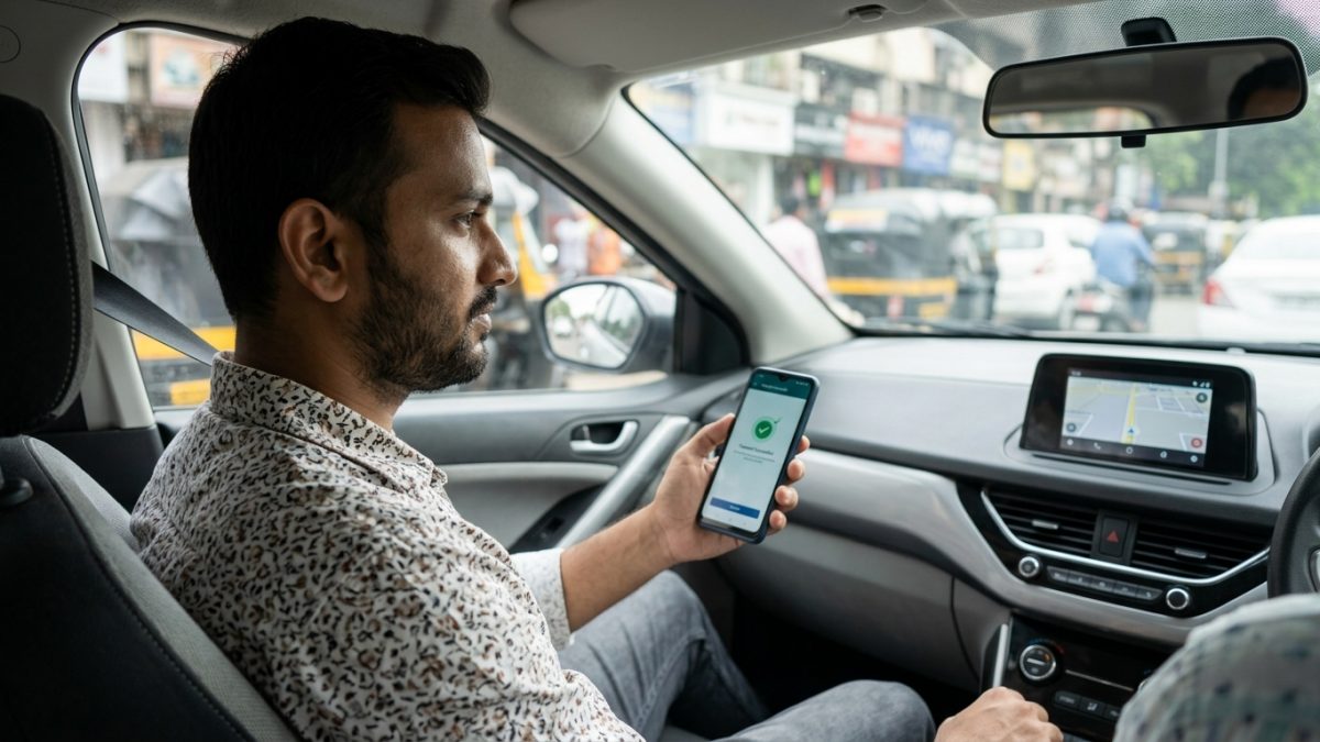 Driver checking online payment verification screen for echallan parivahan payment receipt