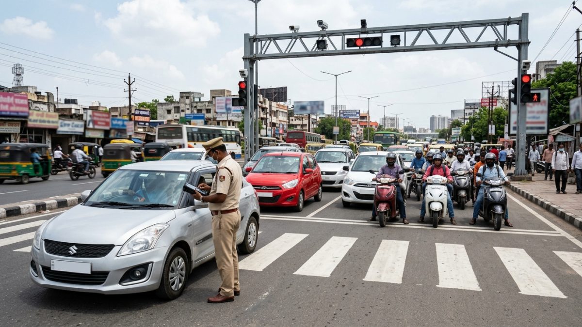 Traffic intersection in an Indian metro city with digital enforcement cameras