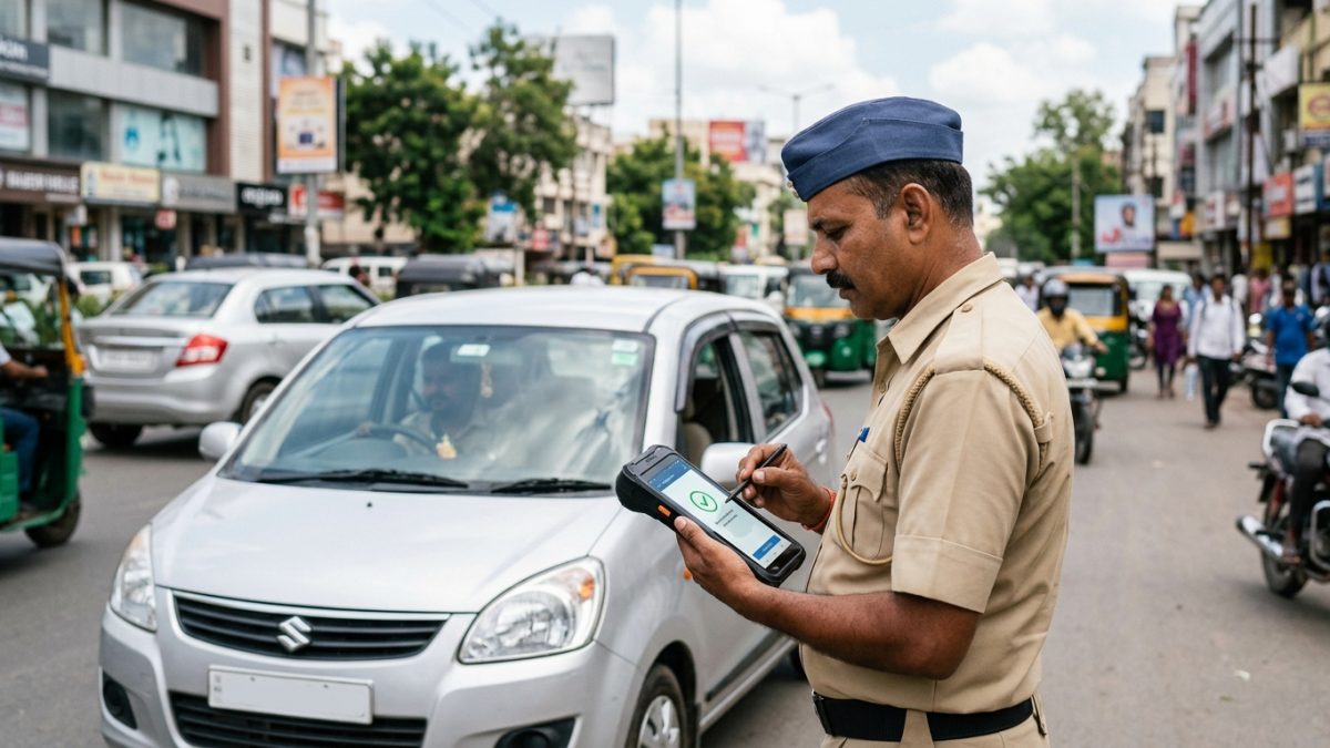Indian motorist completing an online traffic fine payment using a smartphone UPI application