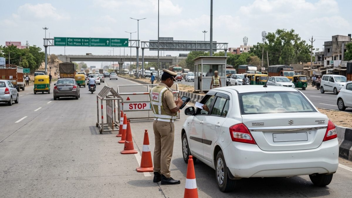 Traffic police roadside checkpoint verifying driving licence validity on an Indian highway
