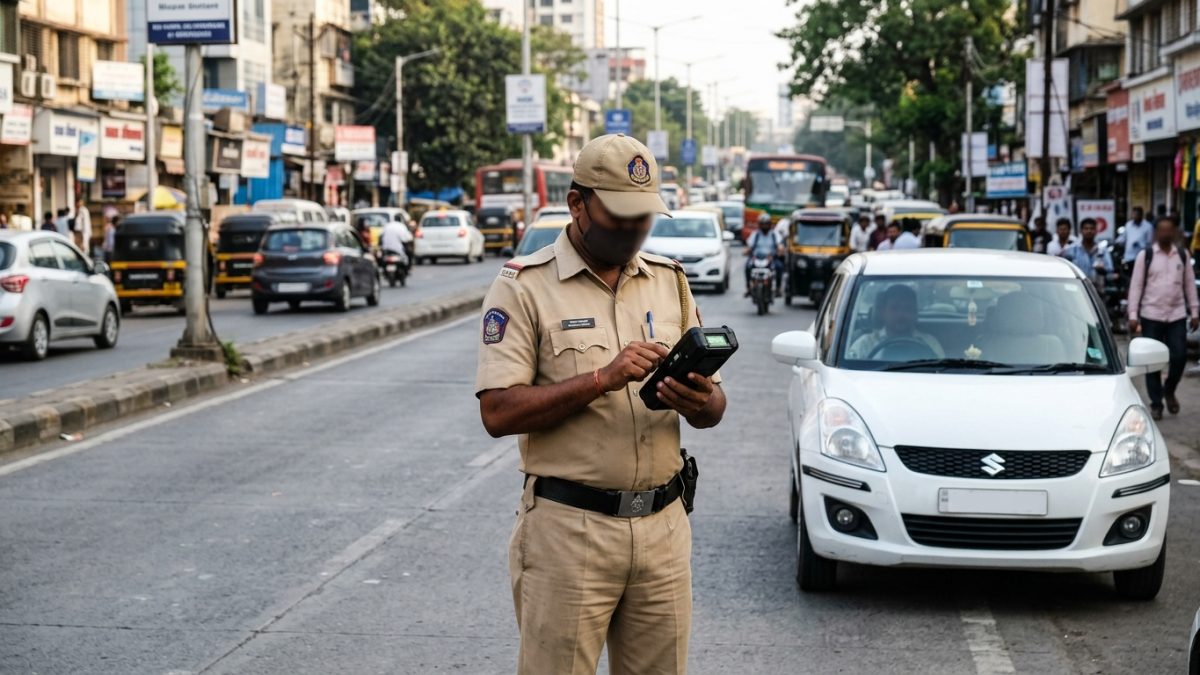 Traffic police officer holding an electronic challan device during an inspection on an Indian road