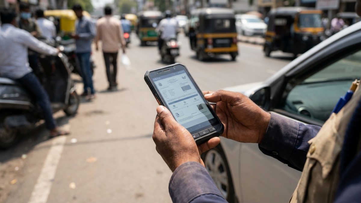 Motorist reviewing digital traffic court summons and fine receipt on a mobile phone
