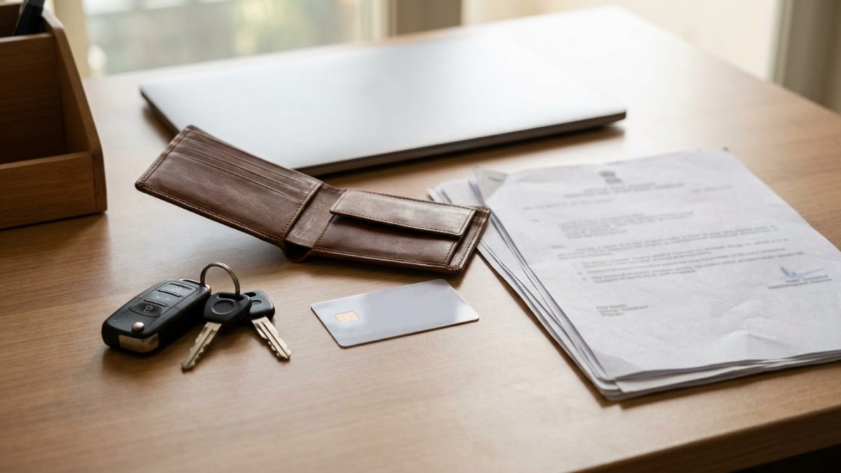 Traffic document verification setup on a desk to check RC validity online