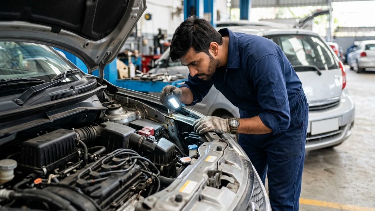 Mechanic inspecting car engine bay apron and spot welds to check vehicle history India