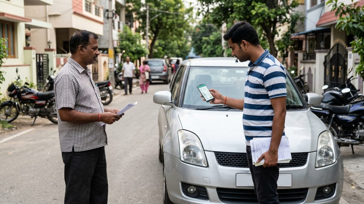 Checking vehicle registration and owner count on a mobile screen beside a car