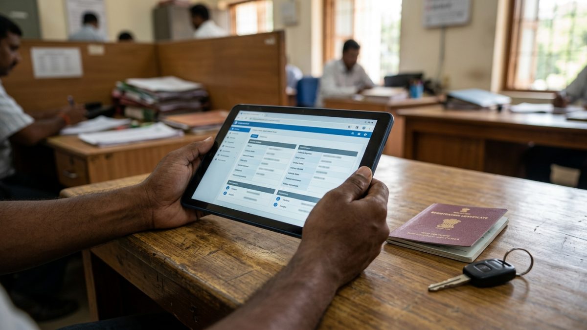 Digital tablet displaying vehicle verification check vehicle history India online portal