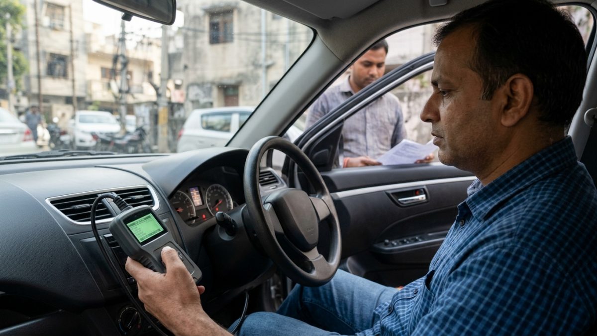 Diagnostic OBD scanner plugged into car dashboard to check vehicle history India