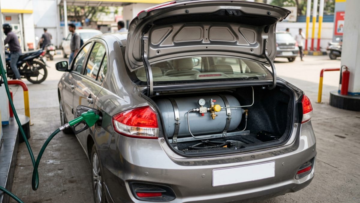 Automotive compressed gas cylinder inside car boot undergoing inspection